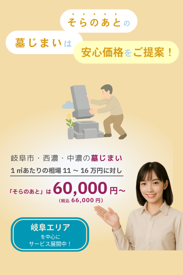 1㎡あたりの相場11~16万に対し、「そらのあと」は6万円(税別)~。岐阜市・西濃・中濃の墓じまいが可能な旨を表示しています。