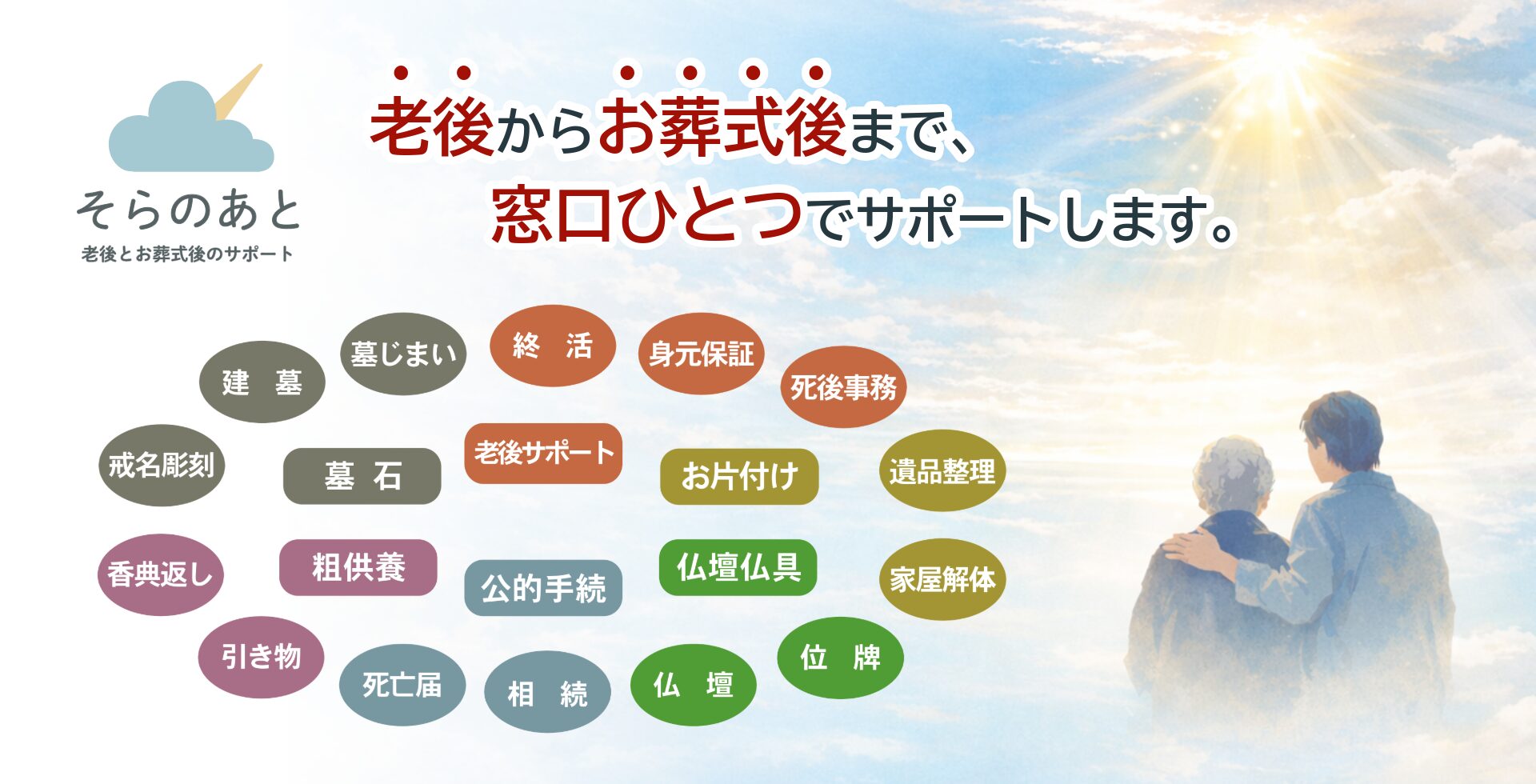 『そらのあと』が、墓じまい、建墓、戒名彫刻、永代供養、香典返し、法要の引き物、相続登記、相続書類の作成、死後事務委任、遺品整理、生前整理、遺品供養、仏壇仏具、位牌に関するサービスを岐阜エリアを中心に提供できるというイメージ画像