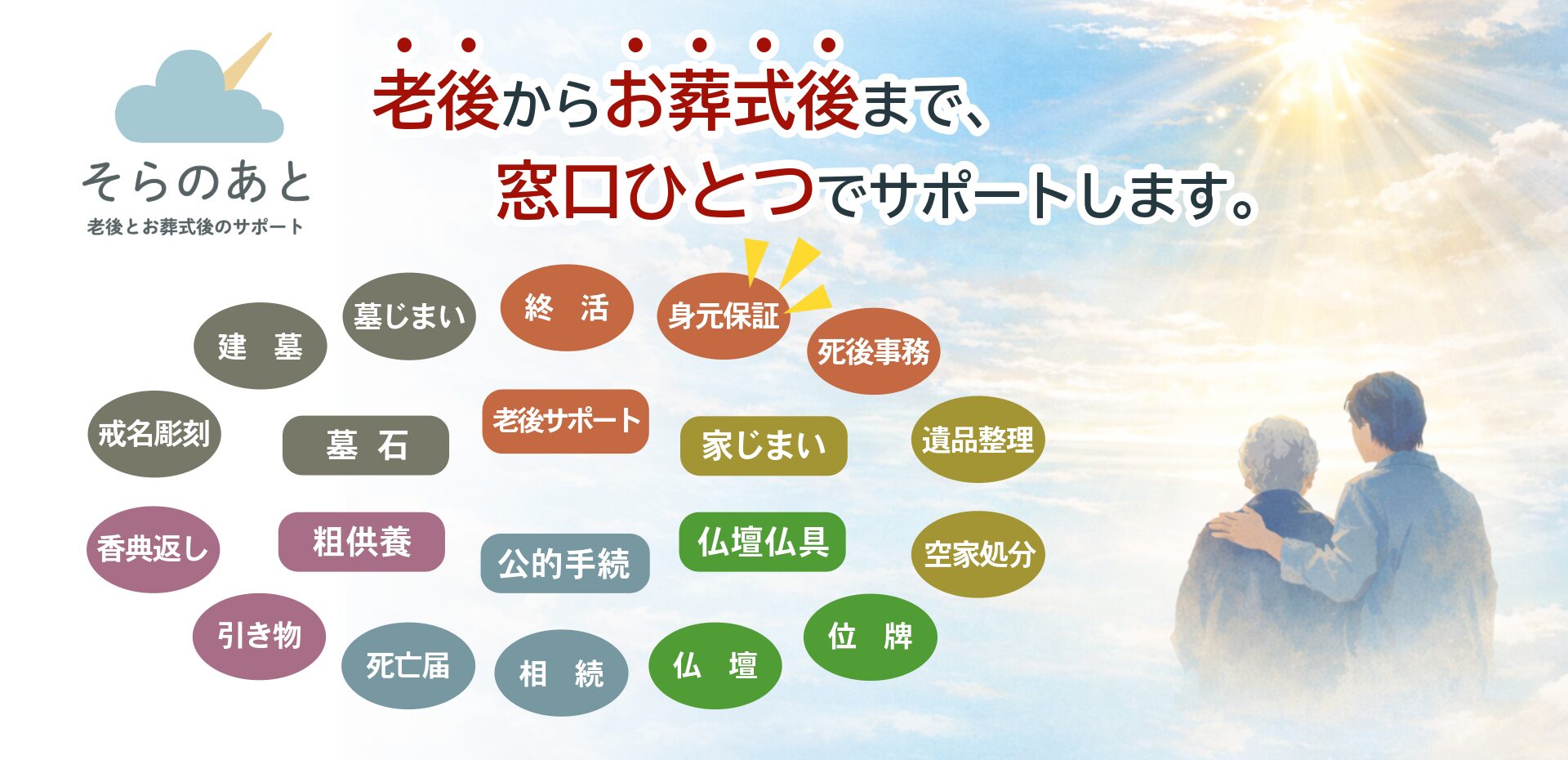 『そらのあと』が、墓じまい、建墓、戒名彫刻、永代供養、香典返し、法要の引き物、相続登記、相続書類の作成、死後事務委任、遺品整理、生前整理、遺品供養、仏壇仏具、位牌に関するサービスを岐阜エリアを中心に提供できるというイメージ画像